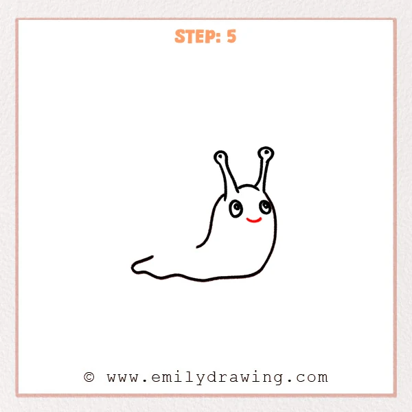 how to draw a cartoon snail - Cartoon snail with big face eyes and a small curved smile on the front of the head.